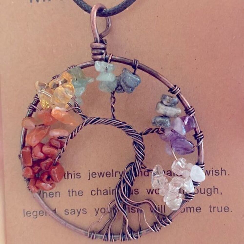 7 Chakra Tree of Life Gemstone Crystal Wire Wrapped Pendant Boho Necklace